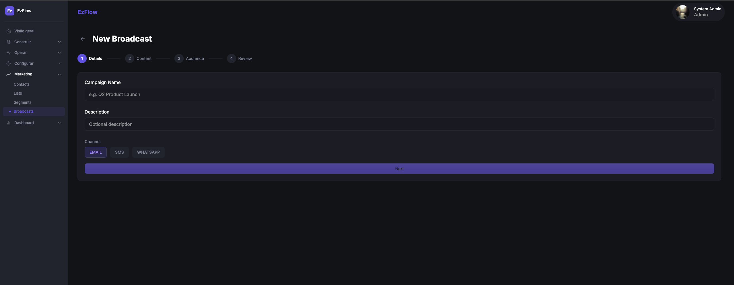 EzFlows new broadcast wizard with details, content, audience and review steps and channel selection