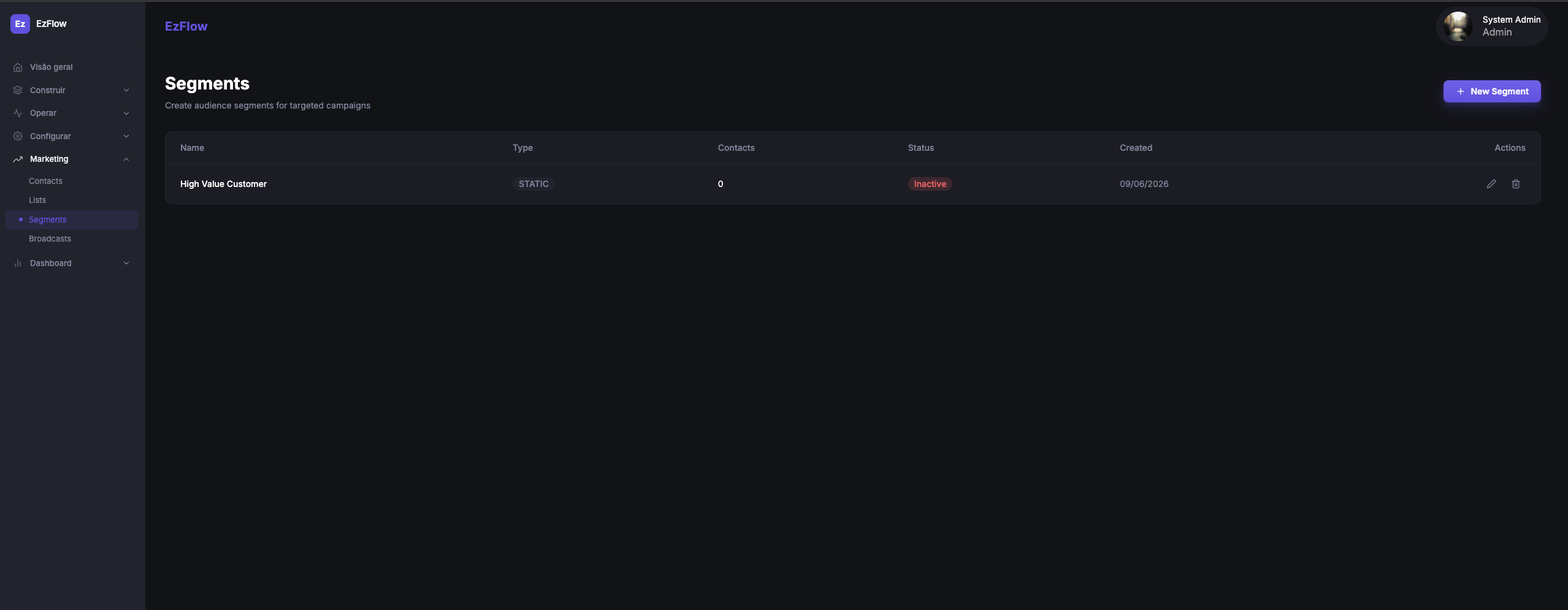 EzFlows segments screen creating audience segments for targeted campaigns