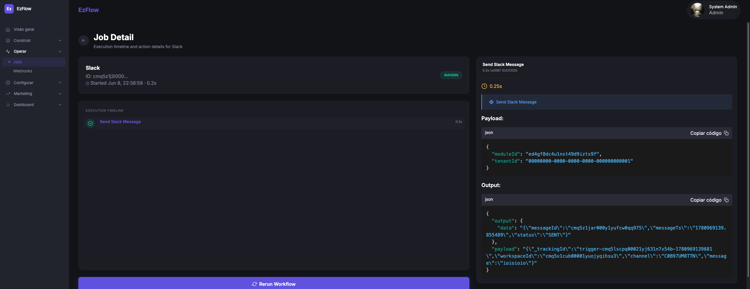 EzFlows job detail with execution timeline and the JSON payload and output for a send-message action