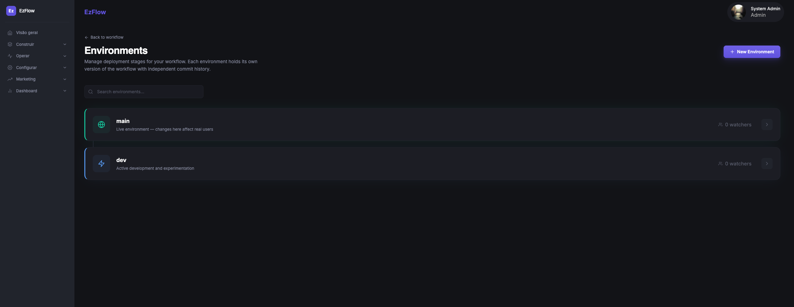 EzFlows environments screen with main and dev environments, each holding its own commit history