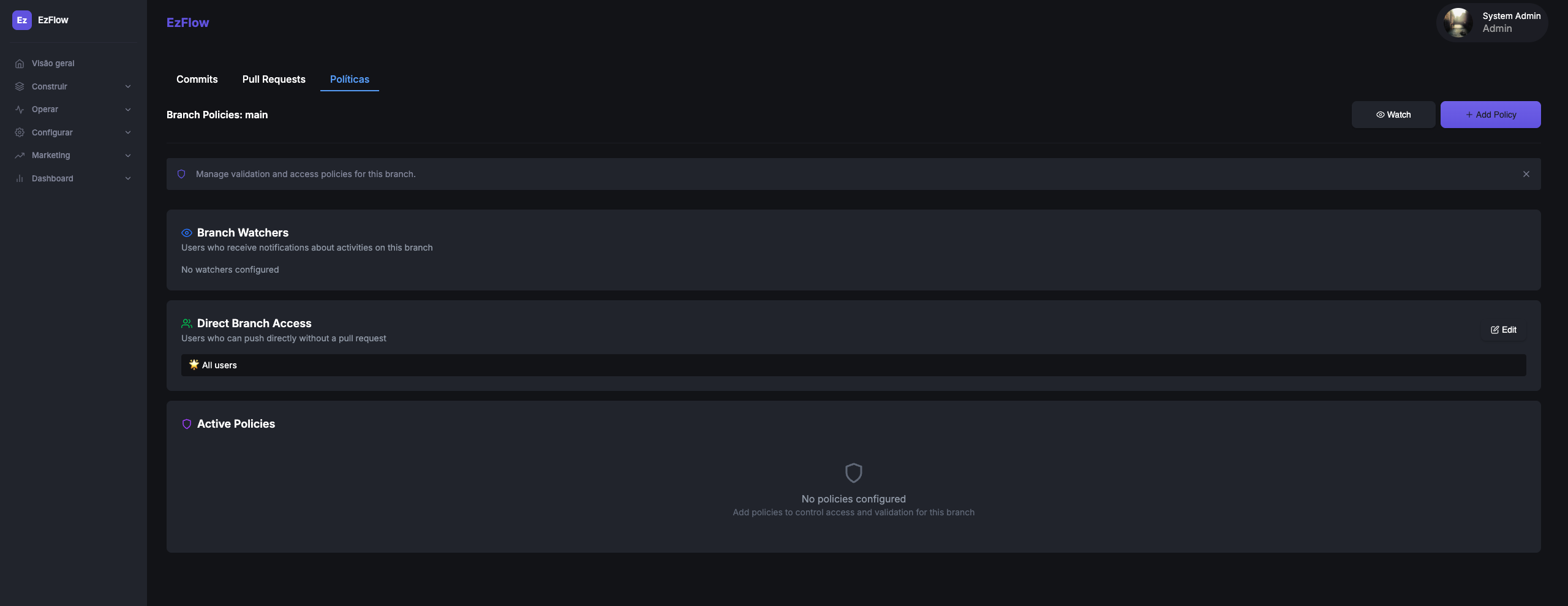 EzFlows branch policies with commits, pull requests and policies tabs, branch watchers and direct access controls